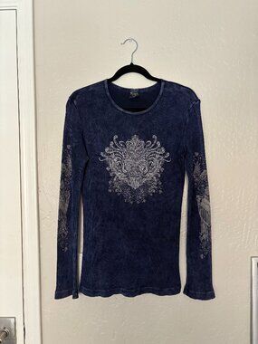 Sledge USA Long Sleeve Y2K Blue Bedazzled Top Size Medium Made in USA 100%Cotton